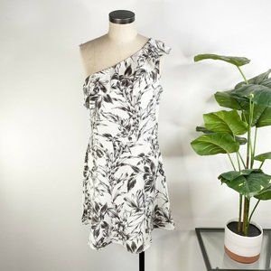 NEW Banana Republic One Shoulder Ruffle Dress 10 White Black Gray Floral 729425